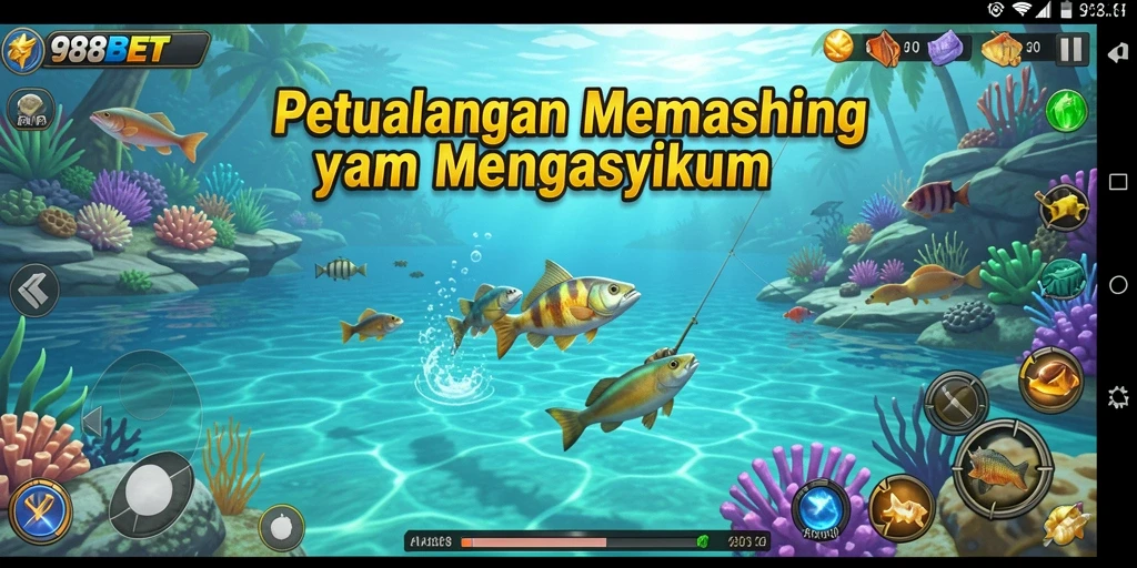 Screenshot gameplay 988BET menunjukkan pemain menangkap ikan di lokasi indah.