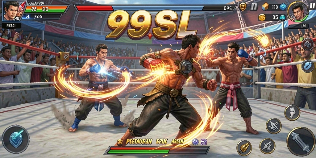Tampilan utama gameplay 99SL menampilkan aksi pertarungan seru dengan karakter yang kuat.