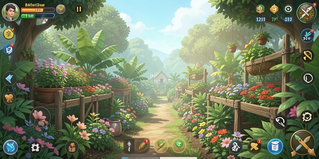 Tangkapan layar gameplay BATA123 menampilkan kebun yang luas dengan berbagai tanaman.