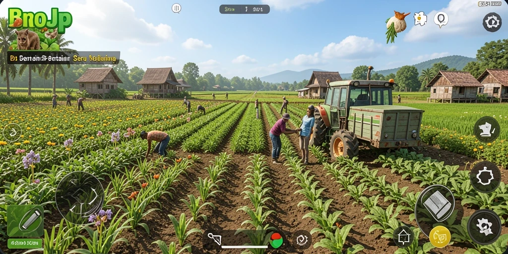 Screenshot gameplay BROJP menampilkan aktivitas pertanian yang menyenangkan.