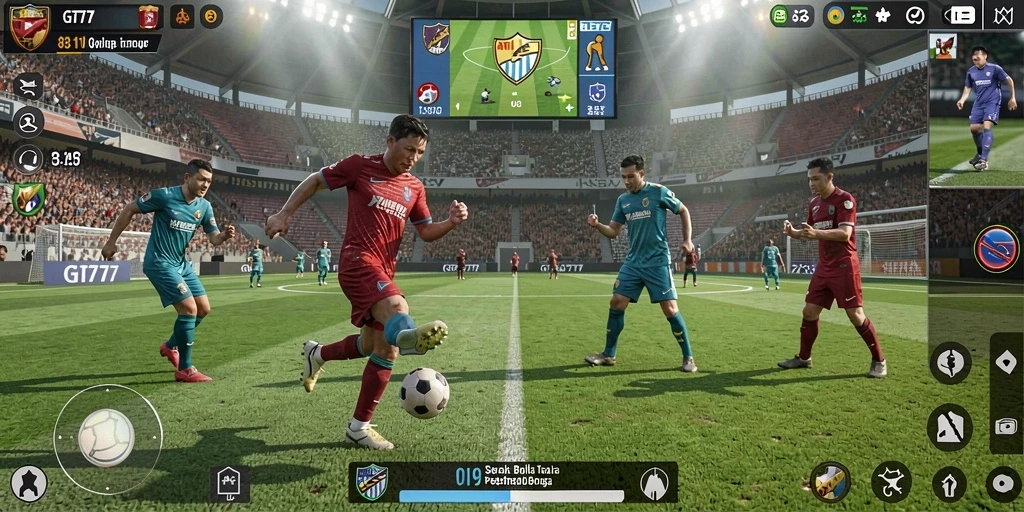Tampilan gameplay GT777 dengan aksi sepak bola yang intens.