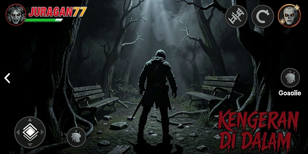 Screenshot gameplay menampilkan suasana horror yang mencekam dalam JURAGAN77.