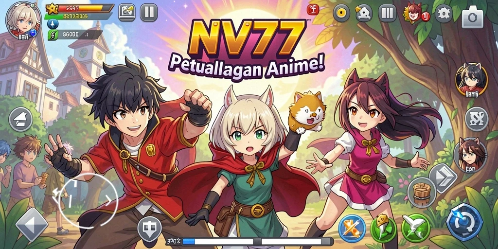 Tampilan gameplay NV77 dengan karakter anime yang menawan.