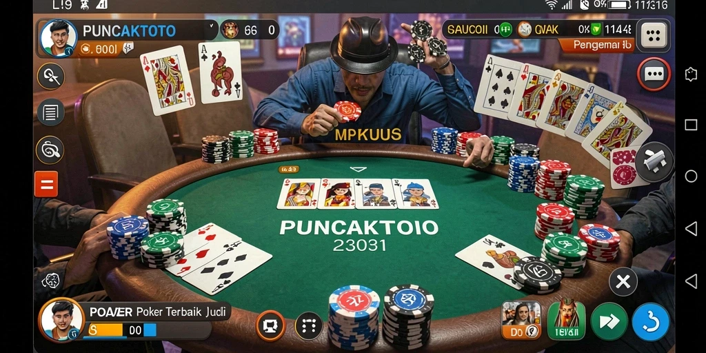 Screenshot gameplay PUNCAKTOTO menampilkan suasana permainan poker yang mendebarkan.
