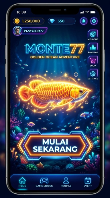 Tampilan utama aplikasi monte77 menampilkan berbagai kategori.